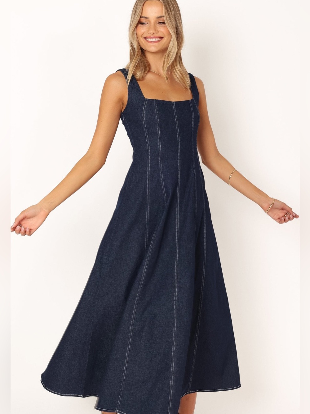 Petal & Pup Callum Denim Midi Dress Blue A-Line Pockets Contrast Stitch Medium - Picture 3 of 14